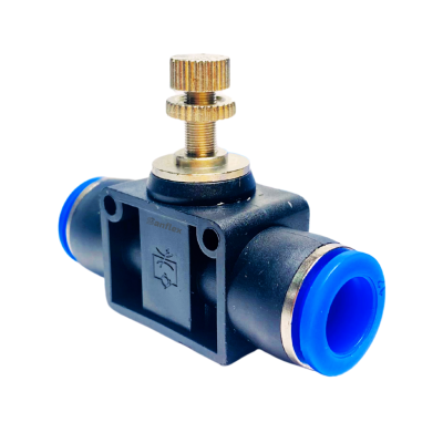 Regulador de flujo neumático con conexión push-in para tubing de poliuretano de 12mm
