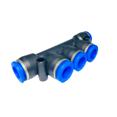 Conexión manifold para distribución de aire en sistemas neumáticos con tubing de poliuretano